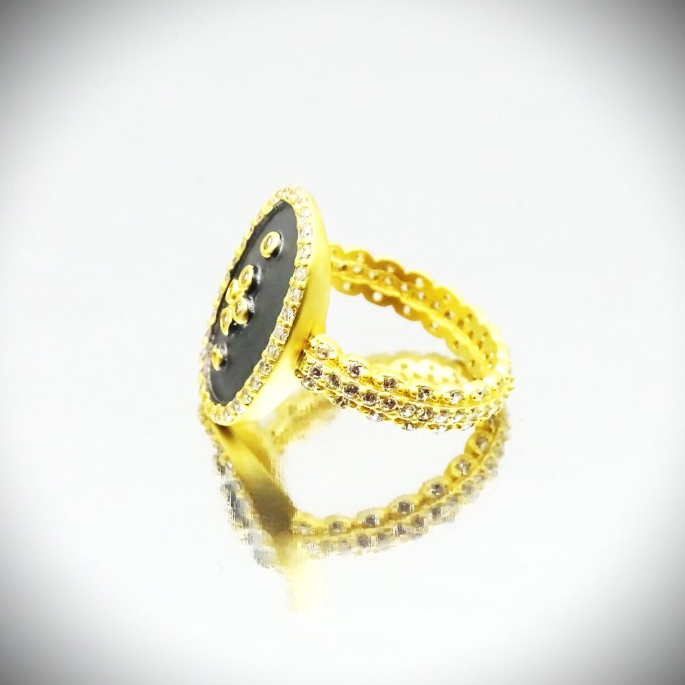 FREIDA ROTHMAN Sterling Silver Black Rhodium CZ Clover Shield Cocktail Ring Sz 8 - Picture 3 of 9